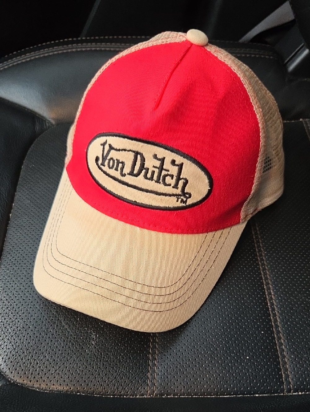 Von Dutch Red and Tan Mesh Logo Cap